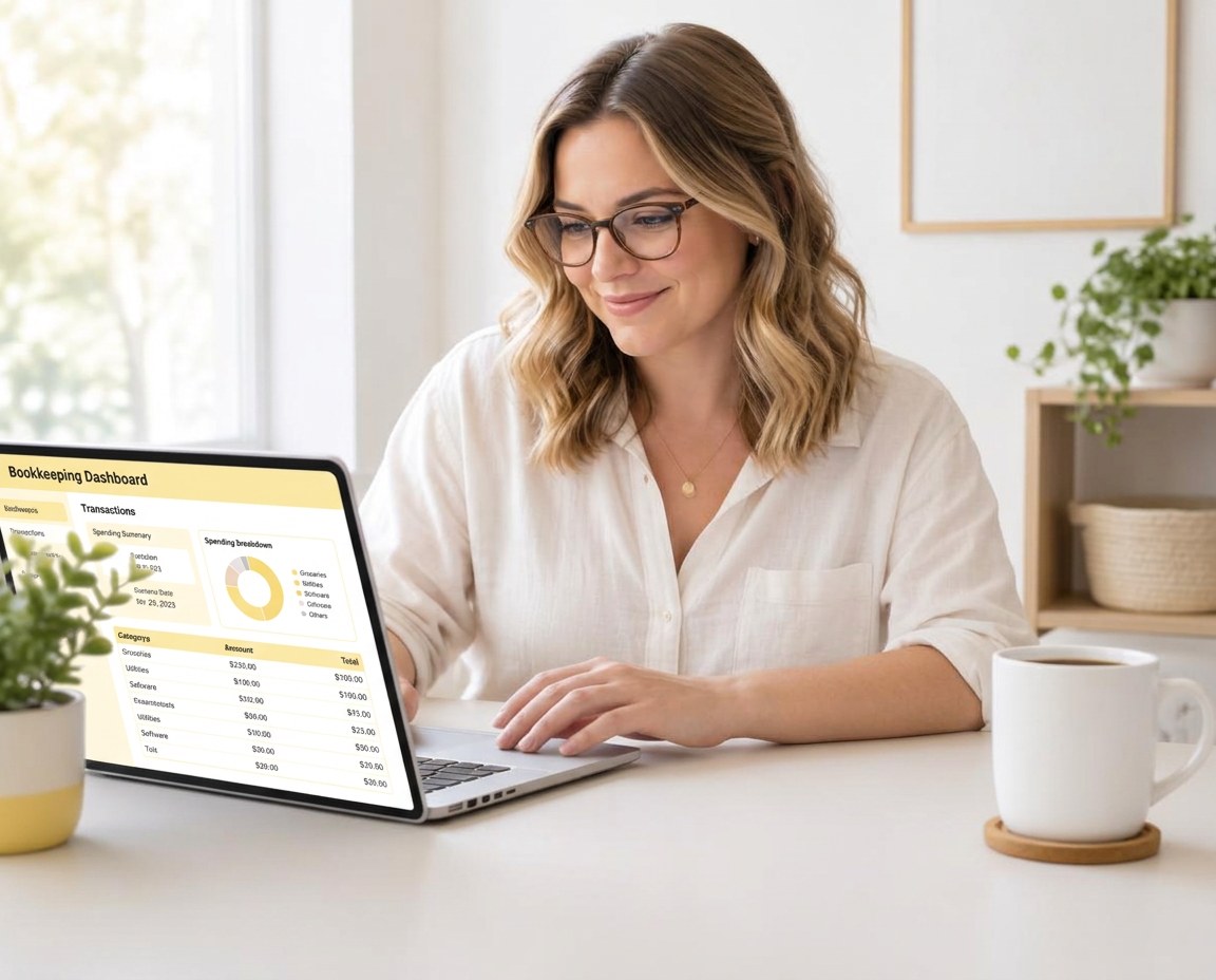 Bookkeeper working at a laptop with a digital bookkeeping dashboard