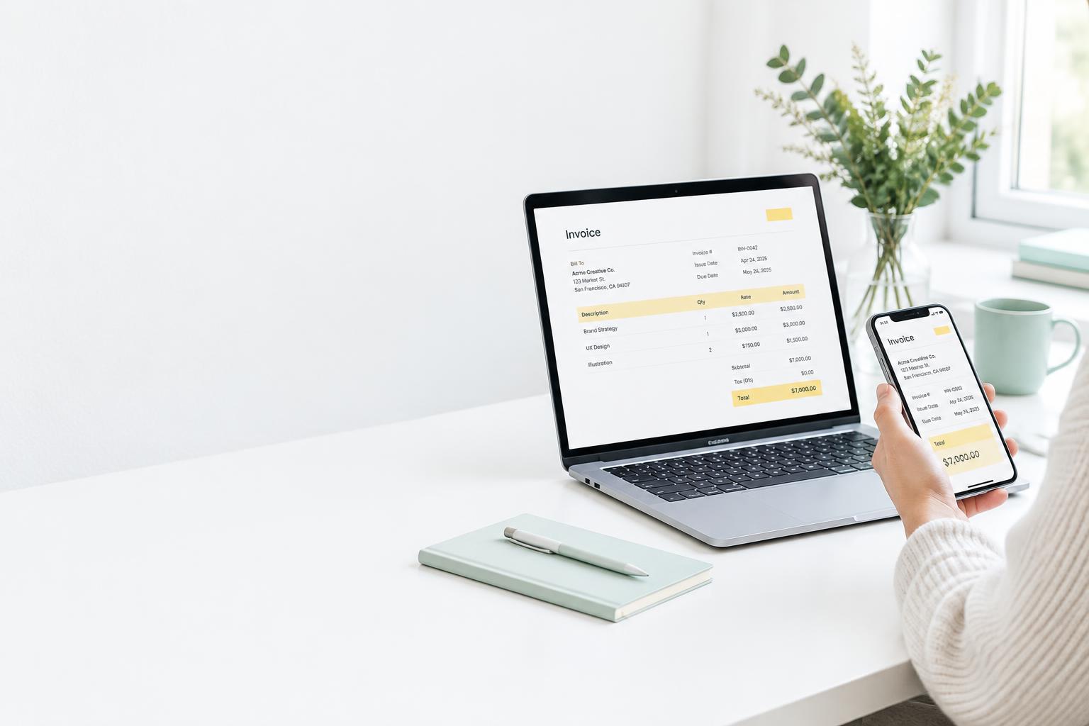 An invoice displayed on a laptop and phone in a bright studio